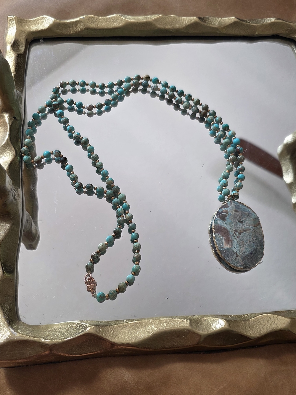 Source Unknown Turquoise Beaded Necklace with Blue-Green Stone Pendant